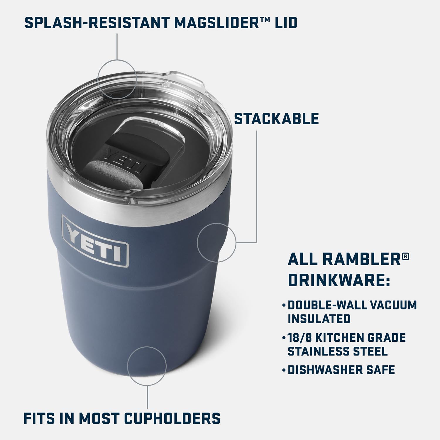 YETI Rambler 16 oz Stackable Tumbler white with MagSlider lid visible, spill protection