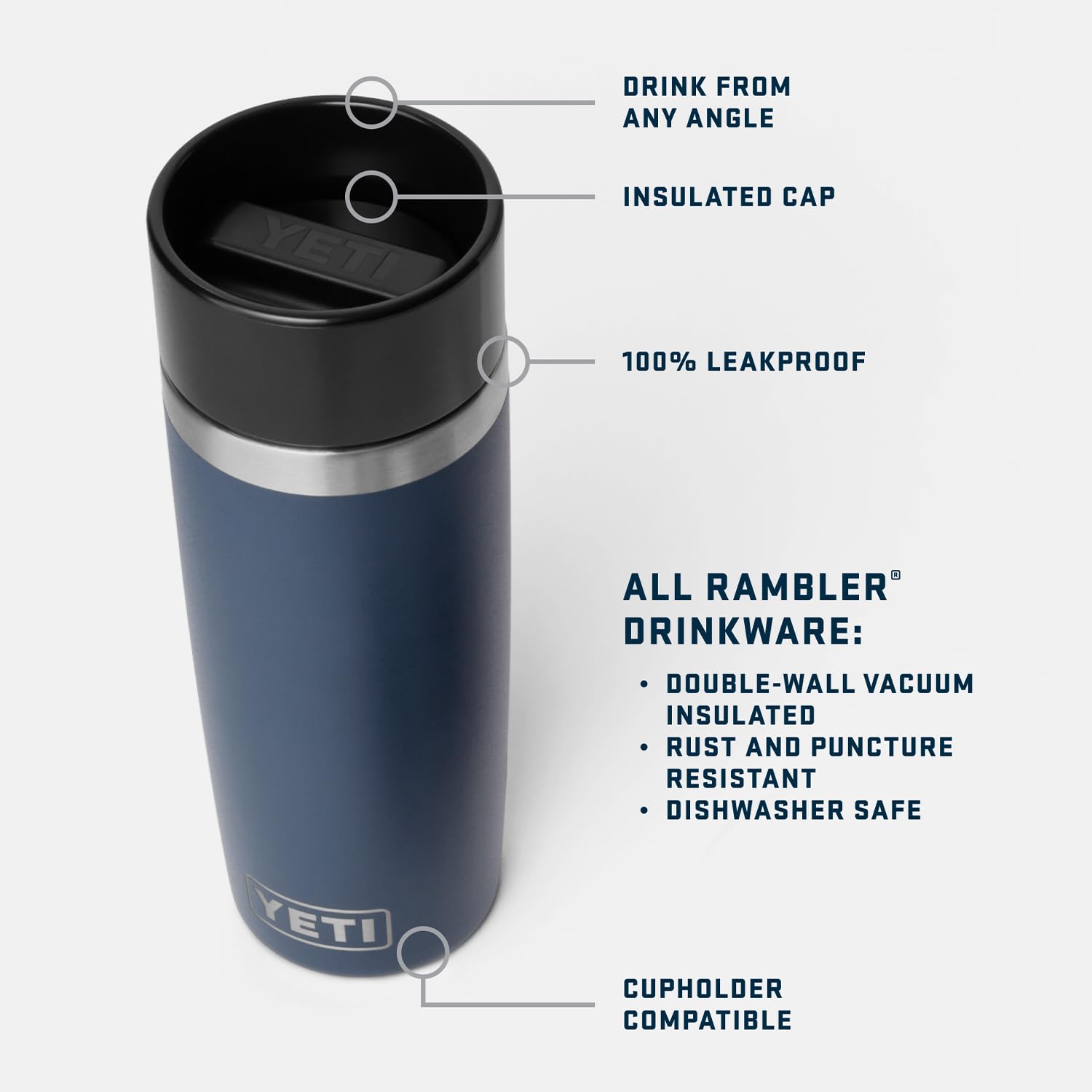 YETI Rambler 16 oz Travel Bottle uses 18/8 stainless steel for durable performance.