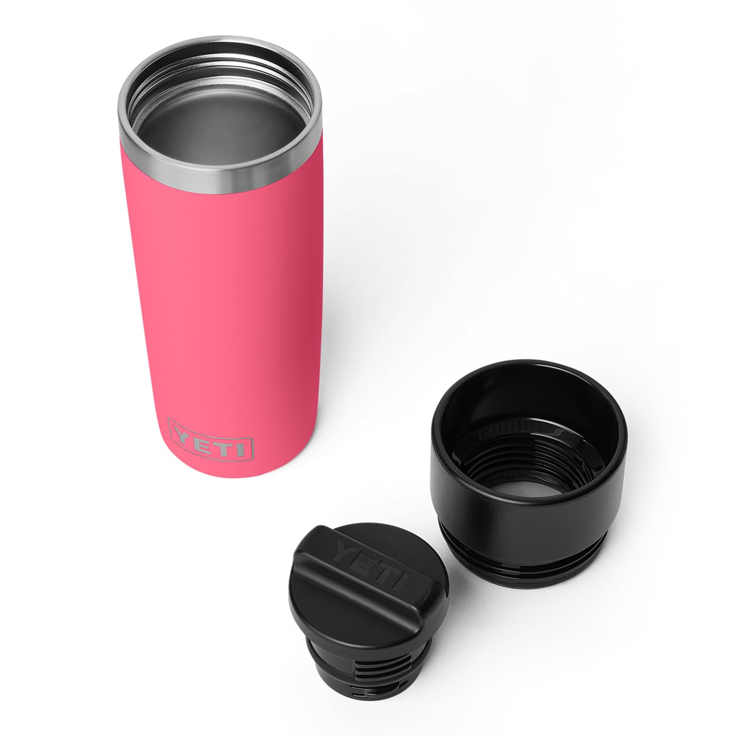 YETI Rambler 16 oz, tropical pink stainless steel body, rust-resistant and easy to clean.
