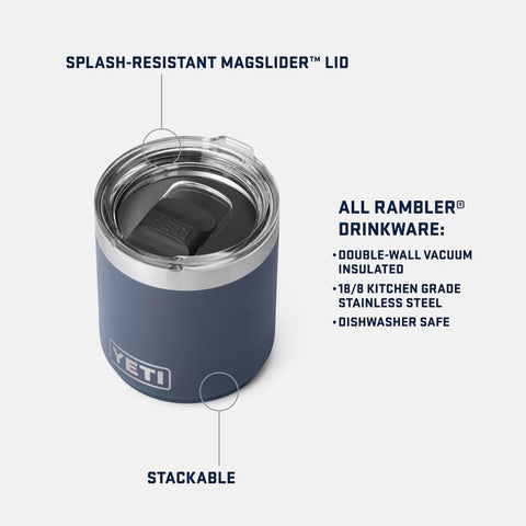 YETI Rambler steel construction, 18-8 stainless, dent-resistant and durable.