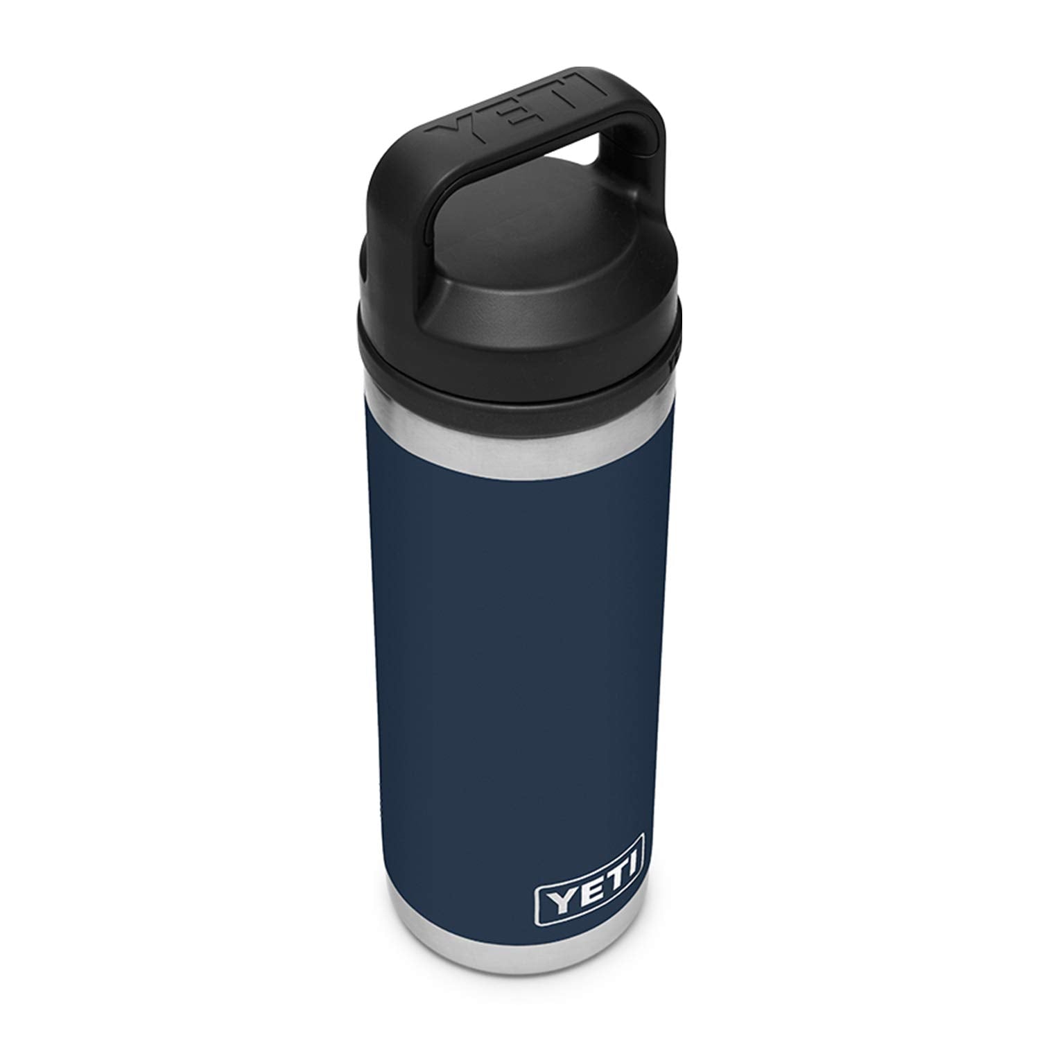YETI Rambler Navy bottle with Chug Cap open for fast, controlled pouring.