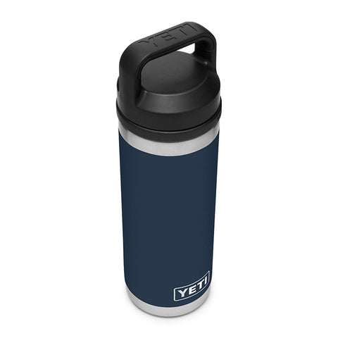 YETI Rambler Navy bottle with Chug Cap open for fast, controlled pouring.