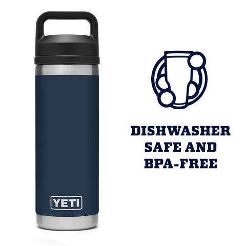 YETI Rambler Navy bottle shown in a dishwasher-safe setup for easy cleanup.