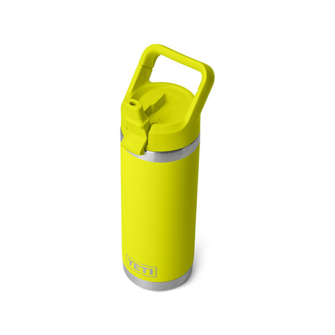 YETI Rambler 18 oz bottle in firefly yellow, front view for rugged daily hydration.