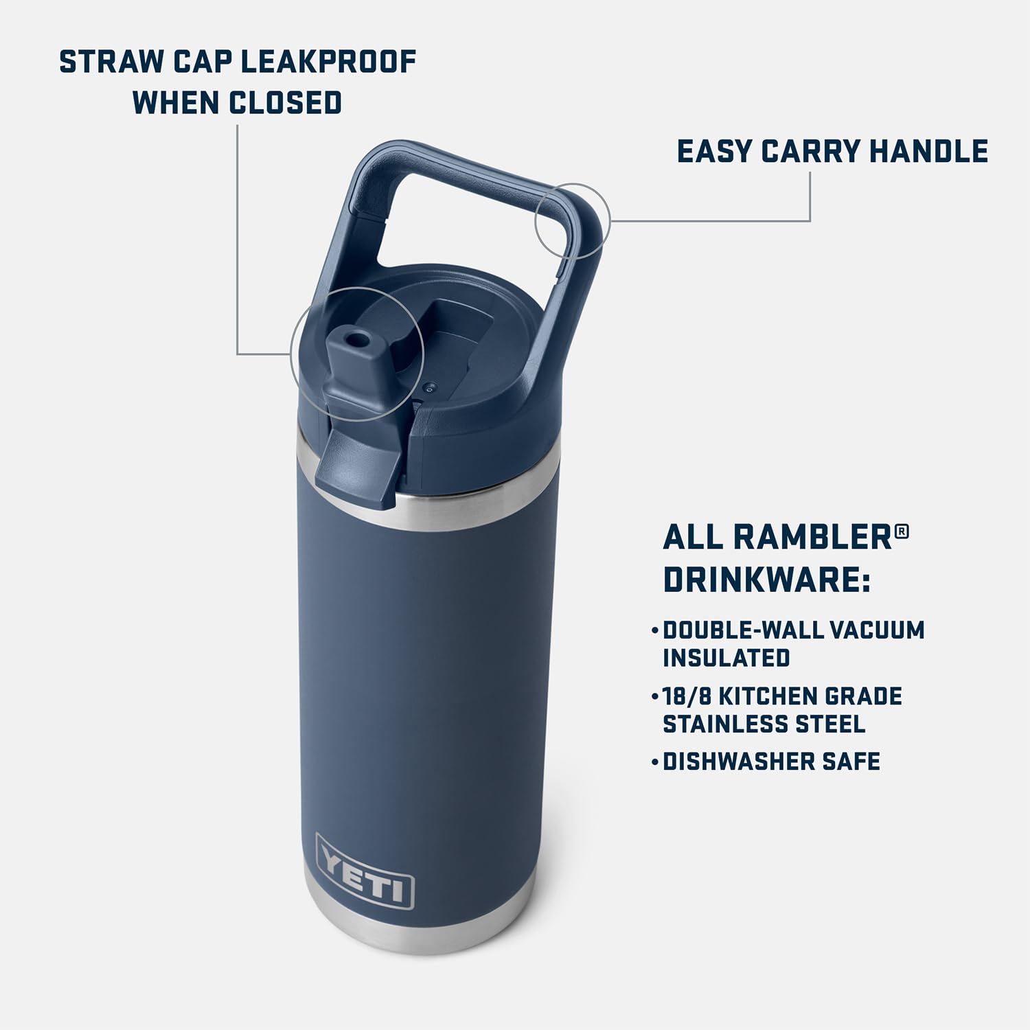 YETI Rambler 18 oz bottle insulated stainless steel keeps beverages cold longer.