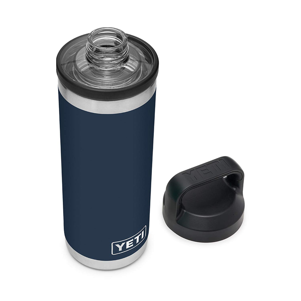 YETI Rambler 18 oz Navy front-angle view with leakproof Chug Cap for on-the-go sipping.