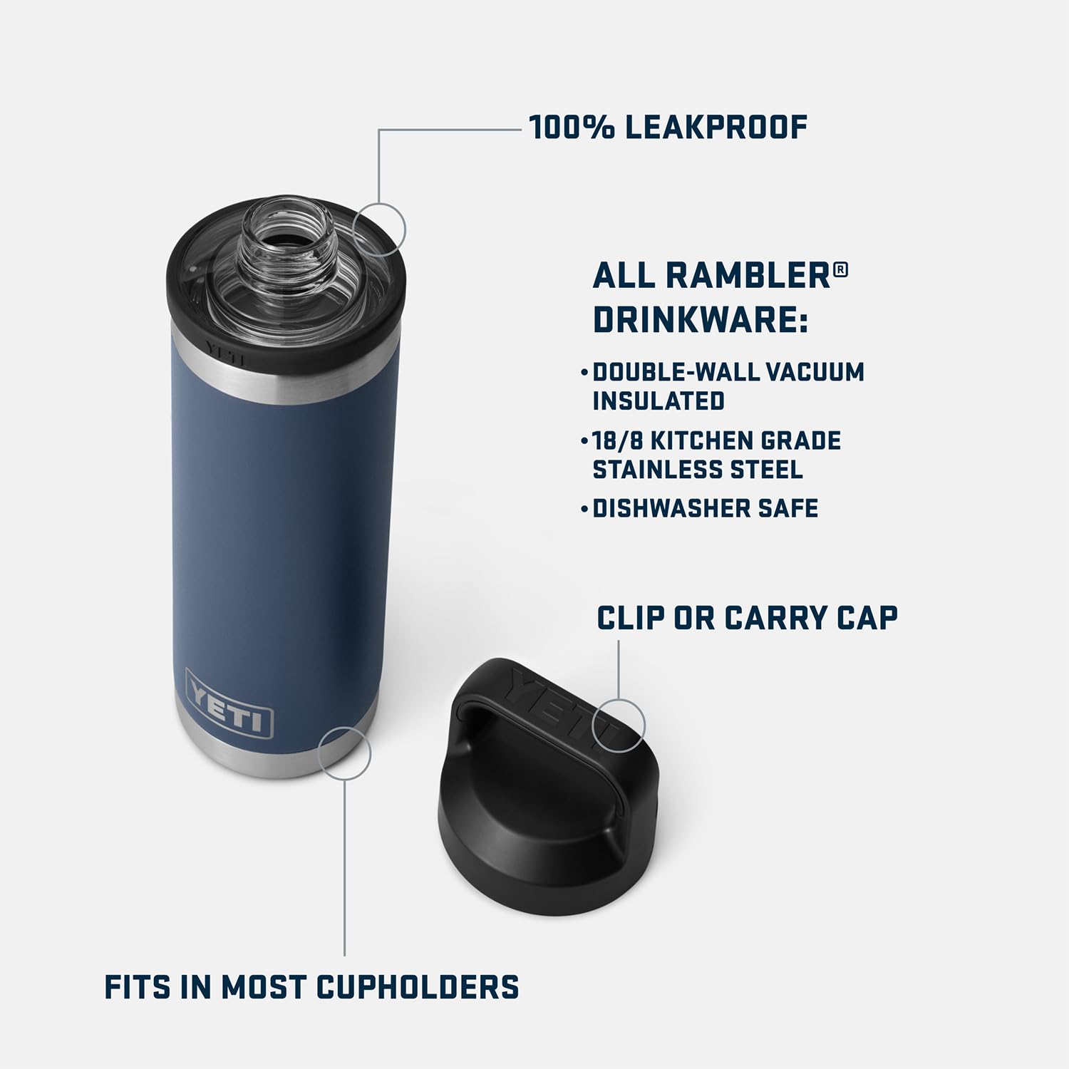 YETI Rambler 18 oz Navy side-handle view highlighting easy carrying with TripleHaul Handle.