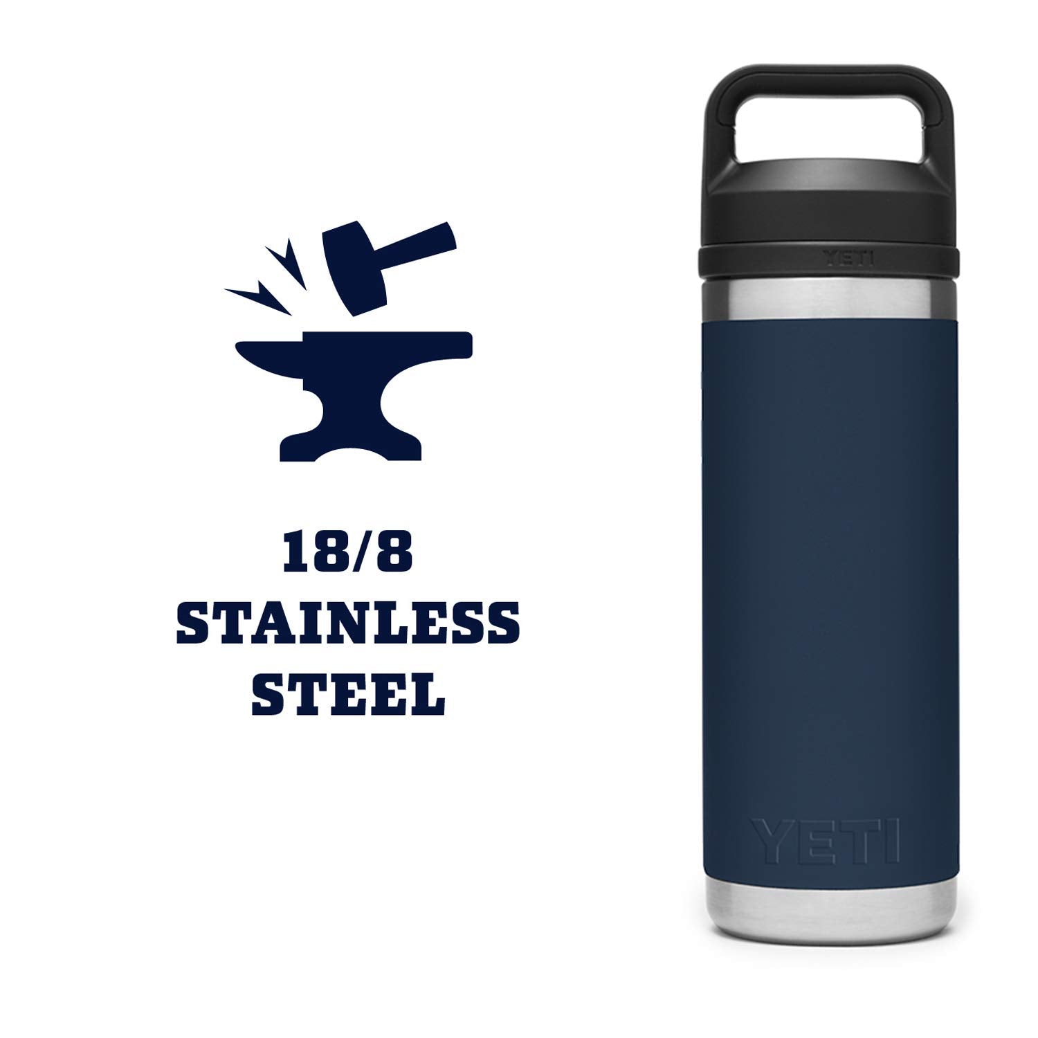 YETI Rambler 18 oz Navy No-Sweat exterior keeps hands dry during use.