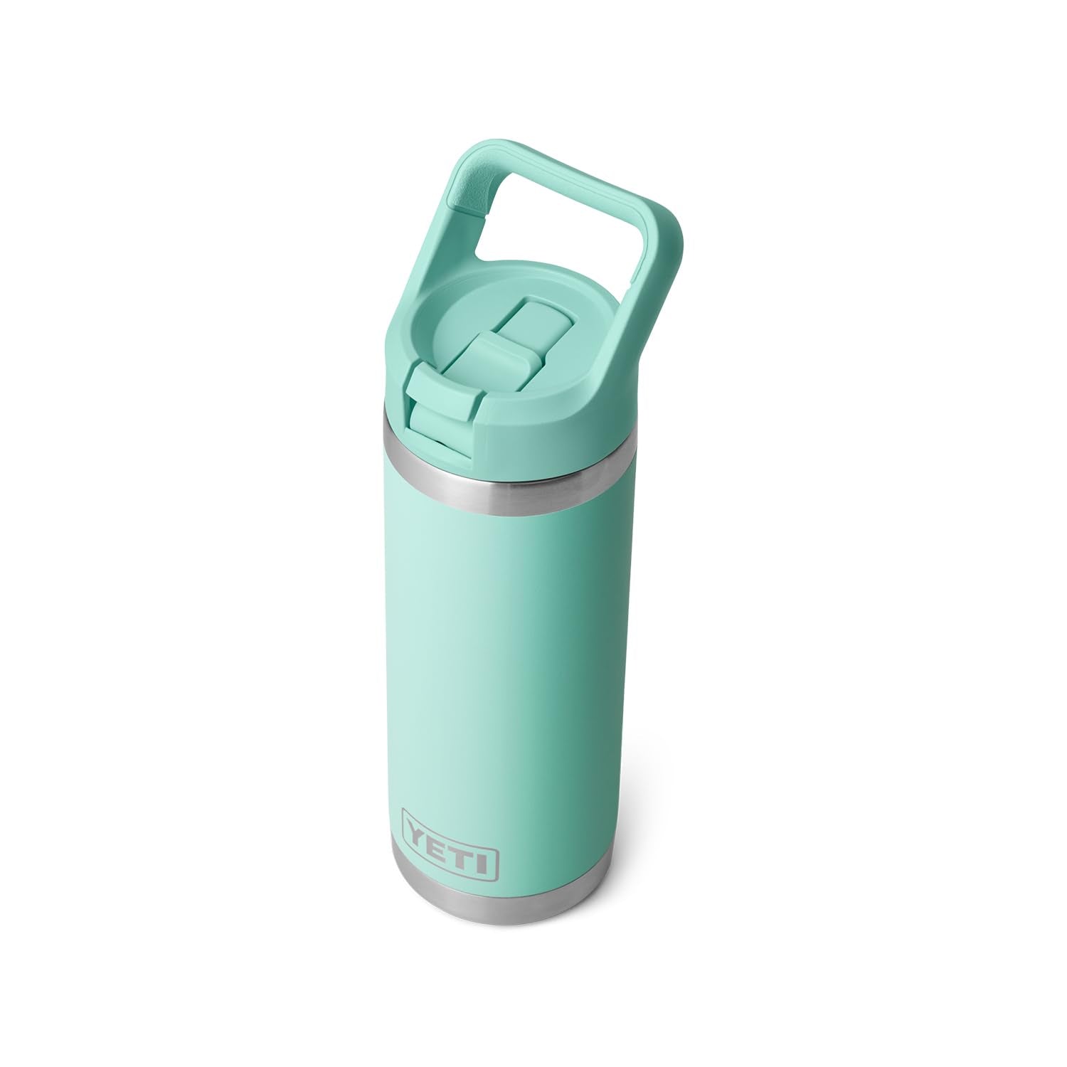 YETI Rambler 18oz bottle on trail ready for outdoor hydration in seafoam.