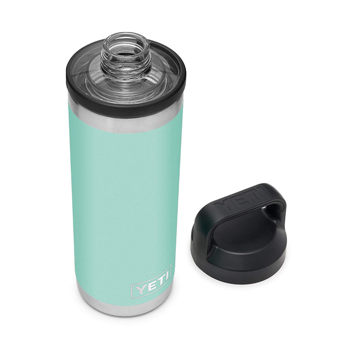 YETI Rambler 18 oz bottle in seafoam with chug-cap closeup for quick on-the-go sipping.