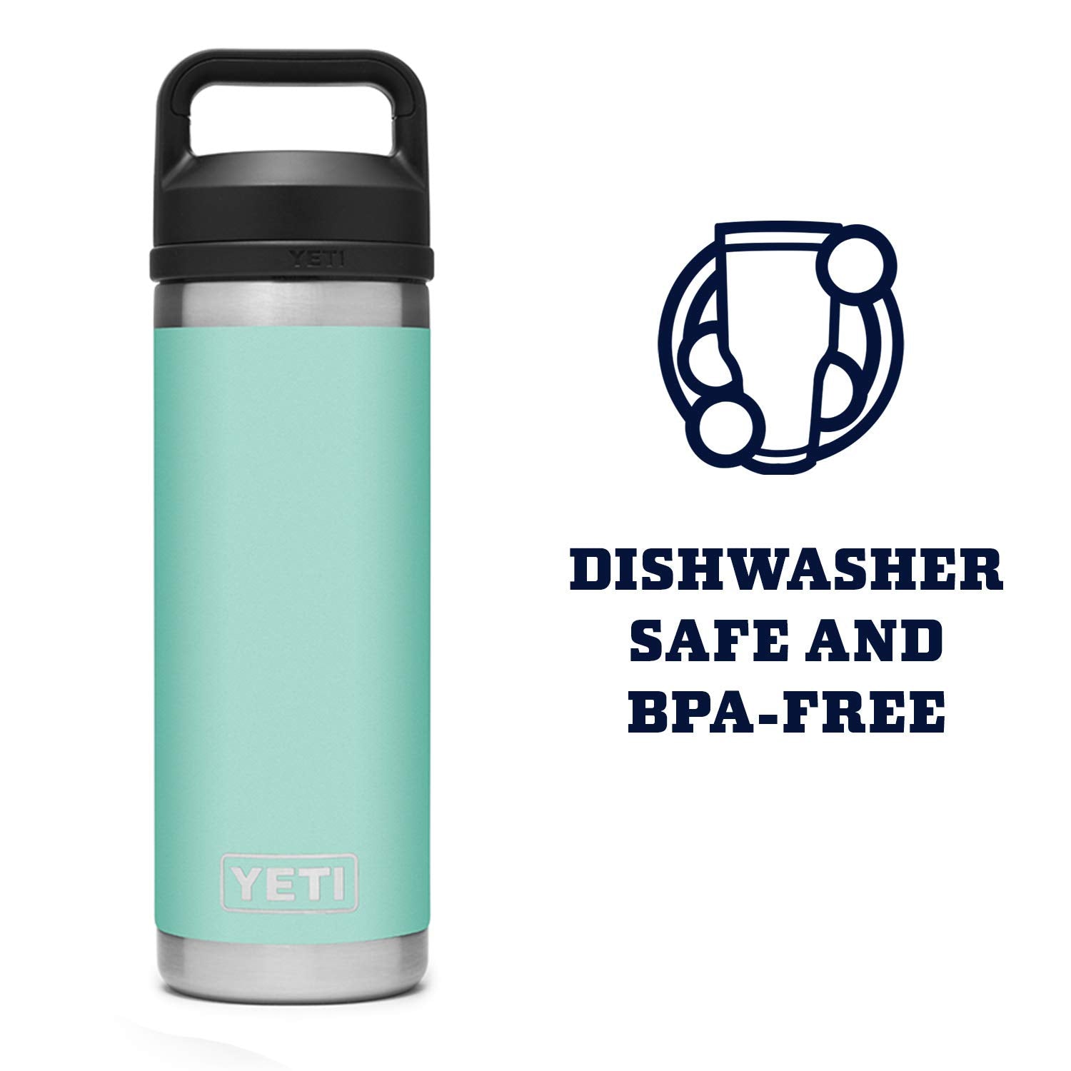 YETI Rambler seafoam bottle labeled dishwasher-safe for easy cleaning.