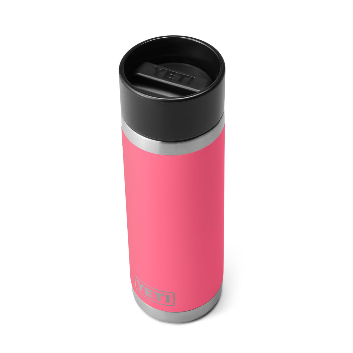 YETI Rambler 18oz Hotshot bottle tropical pink cap demonstrating leakproof design