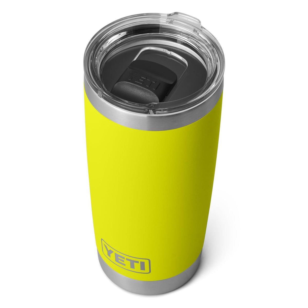 YETI Rambler 20 oz Firefly Yellow, durable stainless steel for temp control.