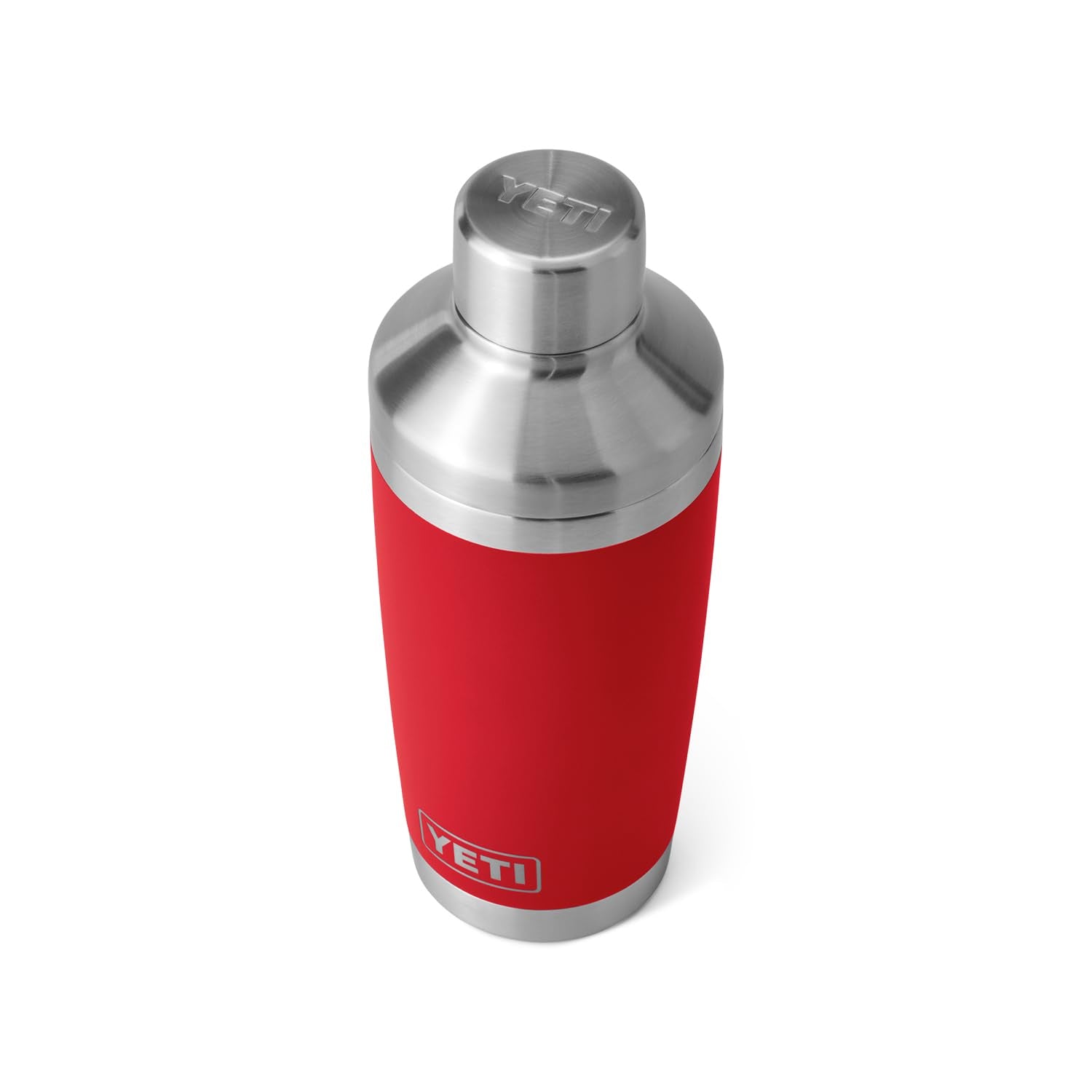 YETI Rambler 20 oz cocktail shaker lid in rescue red, sealing spills during shaking.