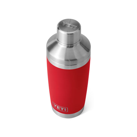 YETI Rambler 20 oz cocktail shaker lid in rescue red, sealing spills during shaking.