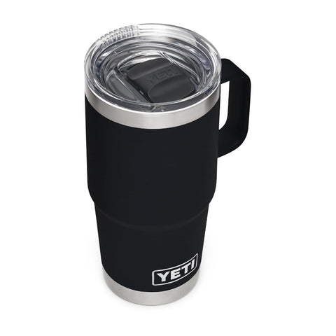 YETI Rambler 20 oz Travel Mug in black with durable stainless steel for daily adventures.