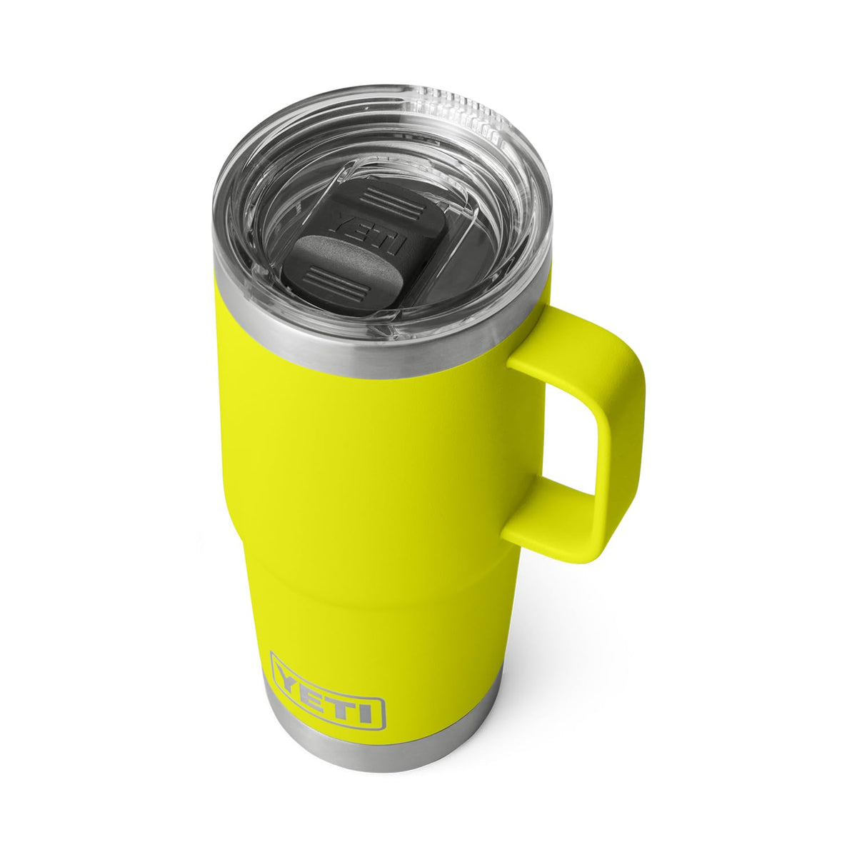 YETI Rambler 20 oz Travel Mug Firefly Yellow front view, durable for daily use