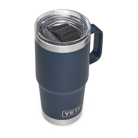 YETI Rambler 20 oz Travel Mug navy front view highlighting durable stainless steel build and on-the-go use.