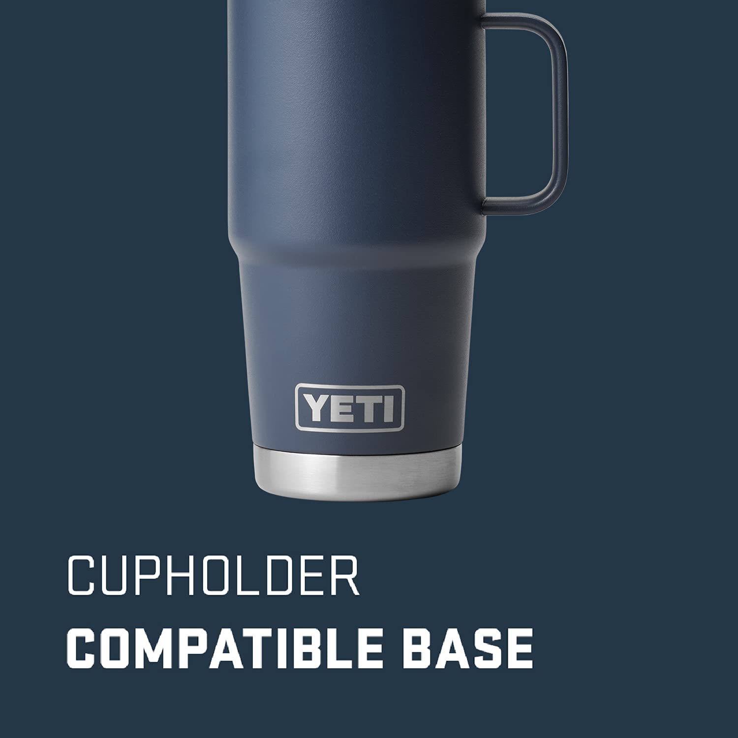 YETI Rambler 20 oz Travel Mug navy side view with a sturdy welded handle for grip.