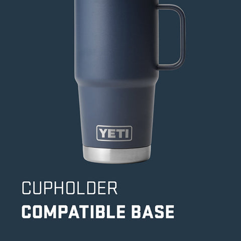 YETI Rambler 20 oz Travel Mug navy side view with a sturdy welded handle for grip.