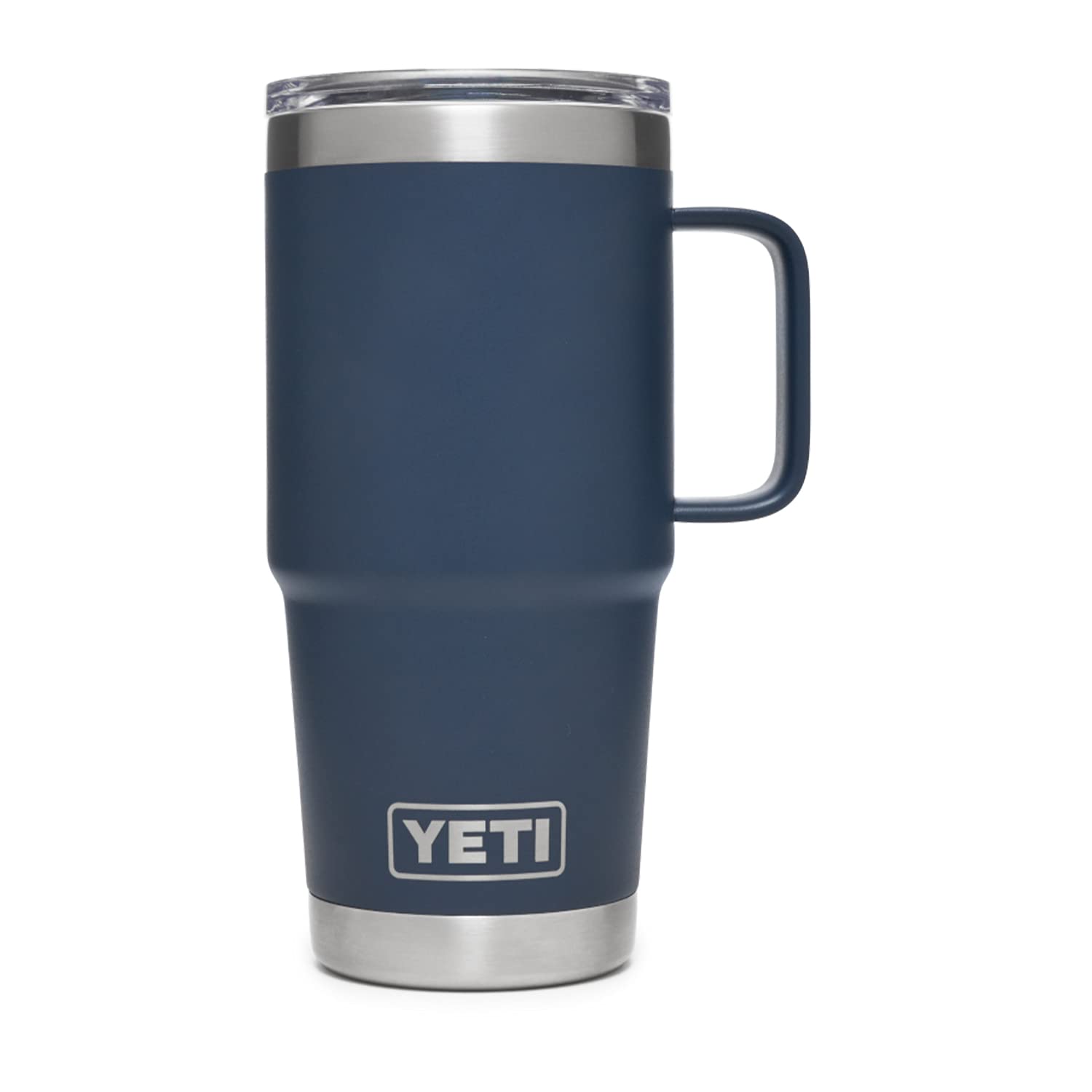 YETI Rambler navy lid closeup showing magnetic dual-slider Stronghold mechanism for spill-free sipping.