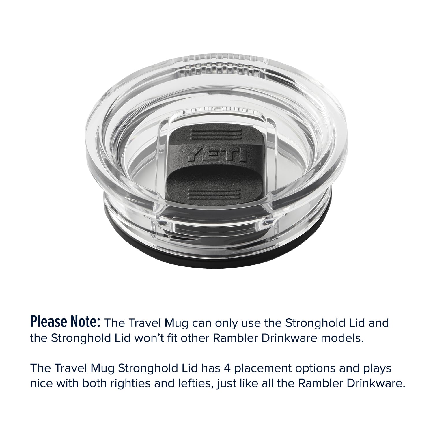 YETI Rambler navy Stronghold Lid four placement options supporting ambidextrous use.