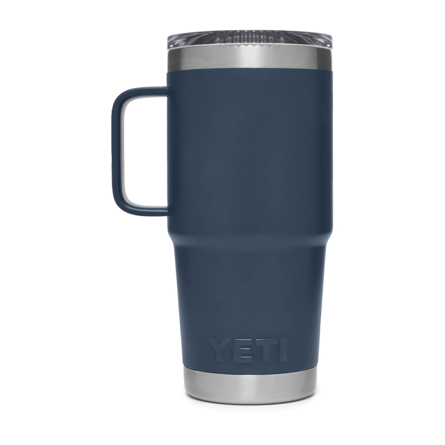 YETI Rambler navy 20 oz Travel Mug graphic illustrating double-wall vacuum insulation for temperature stability.