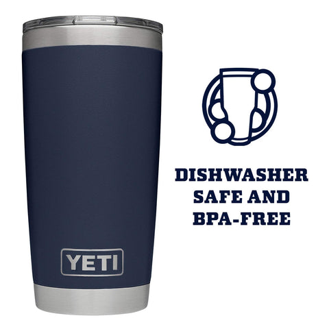 YETI Rambler 20 oz navy 18-8 stainless steel body for durability.