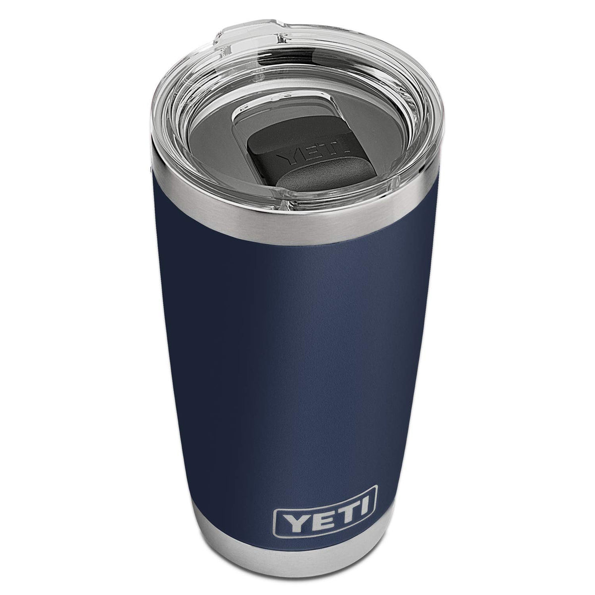 YETI Rambler 20 oz navy front view shows durable design and bold color.