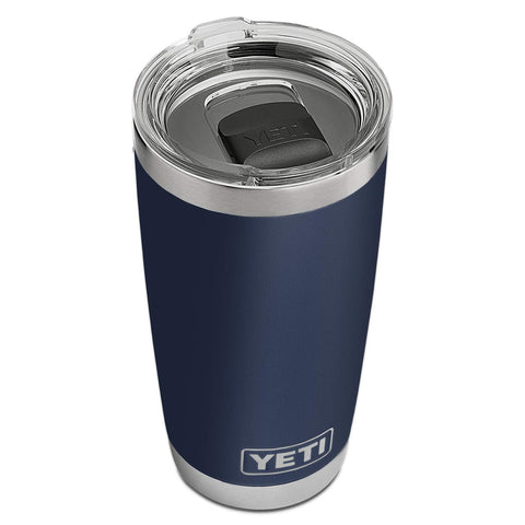 YETI Rambler 20 oz navy front view shows durable design and bold color.