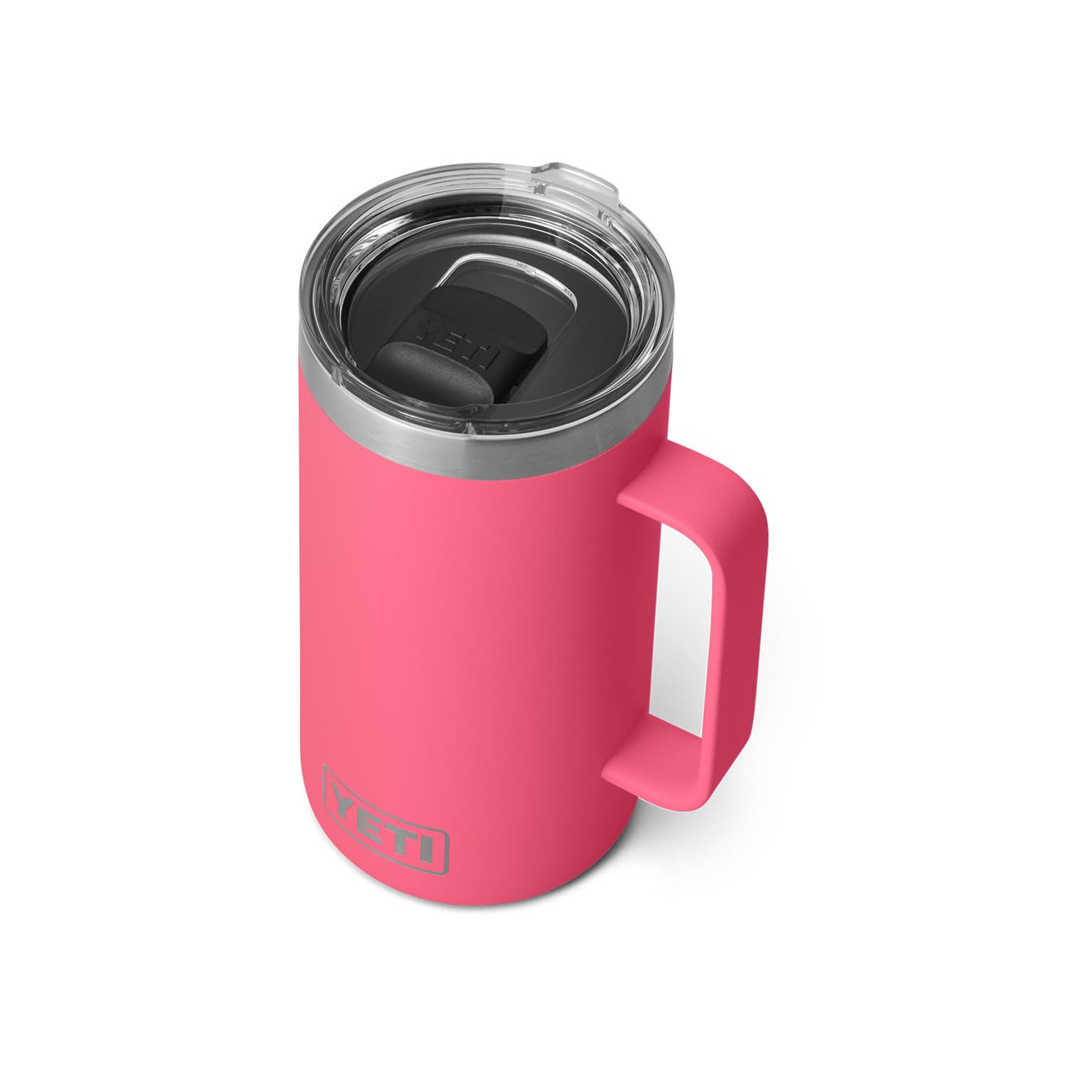 YETI Rambler 24 oz mug in tropical pink, front view, ideal for on-the-go sipping.