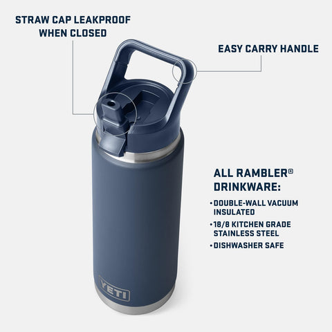 YETI Rambler 26 oz bottle with leakproof straw-cap keeps contents secure during travel.