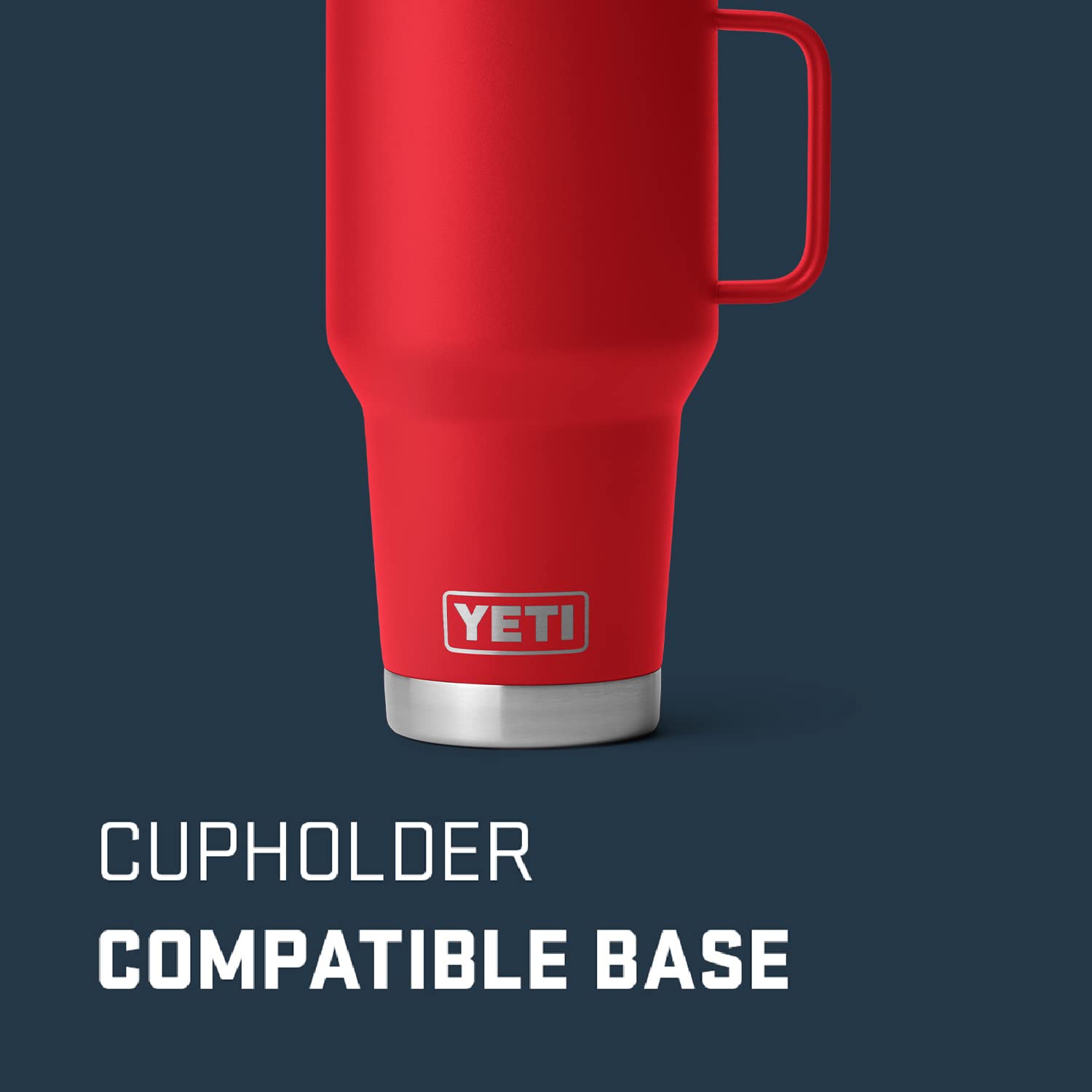 YETI Rambler 30 oz Travel Mug Rescue Red lid close-up showing Stronghold design and spill resistance.