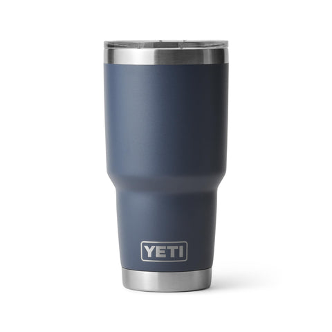 YETI Rambler 30oz navy front view highlighting rugged stainless steel build.