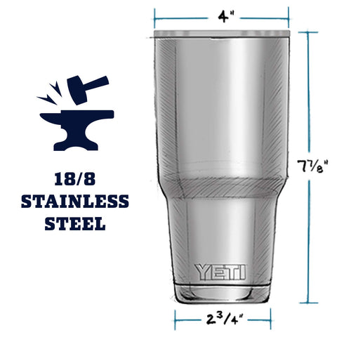 YETI Rambler 30oz stainless steel body closeup highlights durable, spill-resistant design.