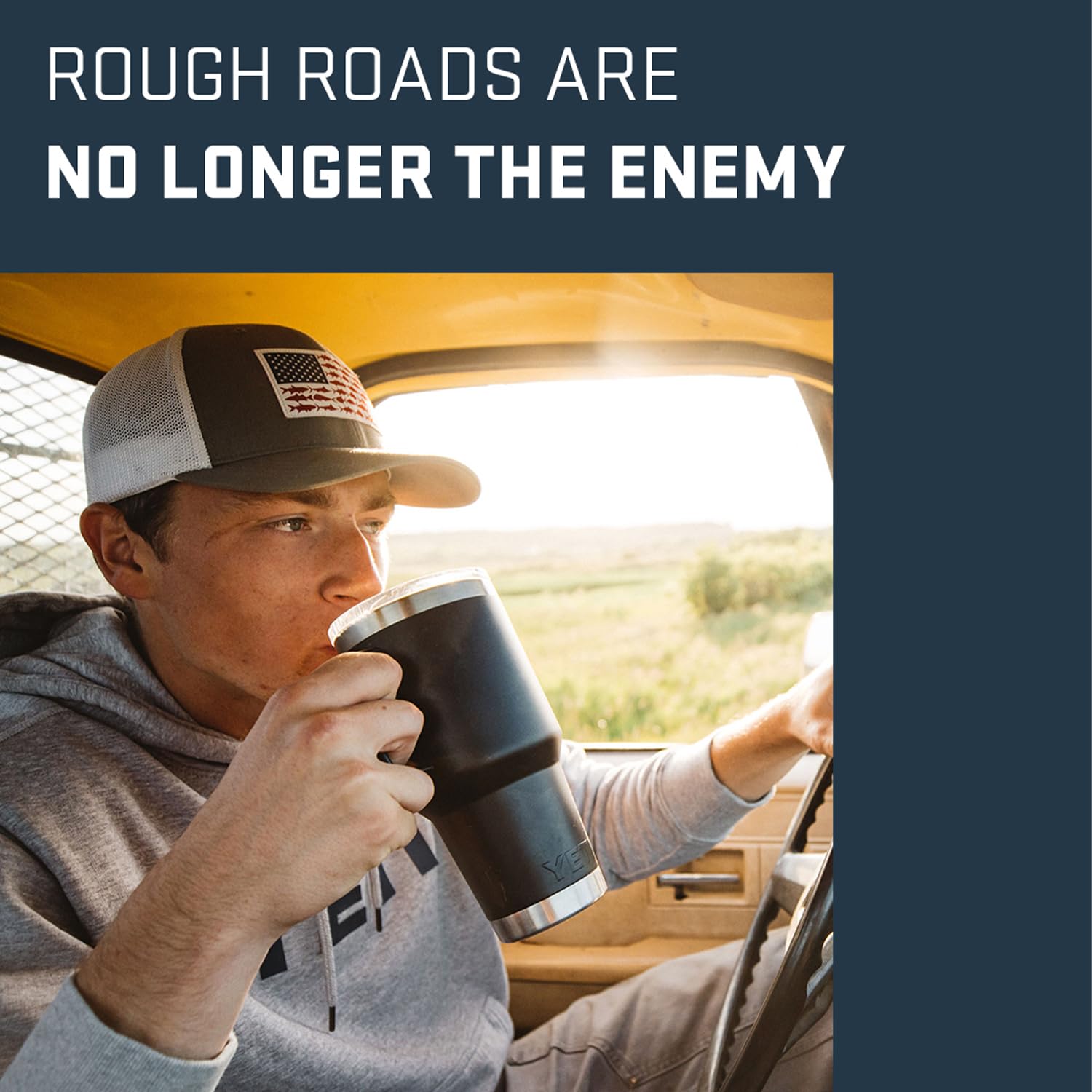 YETI Rambler 30 oz navy dishwasher-safe tag; easy cleanup after adventures.