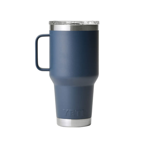 YETI Rambler 30 oz navy handle detail; 360-degree welded handle for secure grip.