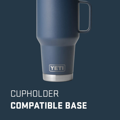 YETI Rambler 30 oz navy lid close-up; Stronghold Lid seals heat and prevents spills.