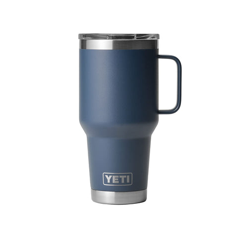 YETI Rambler 30 oz navy close-up; 18/8 stainless steel resists dents.