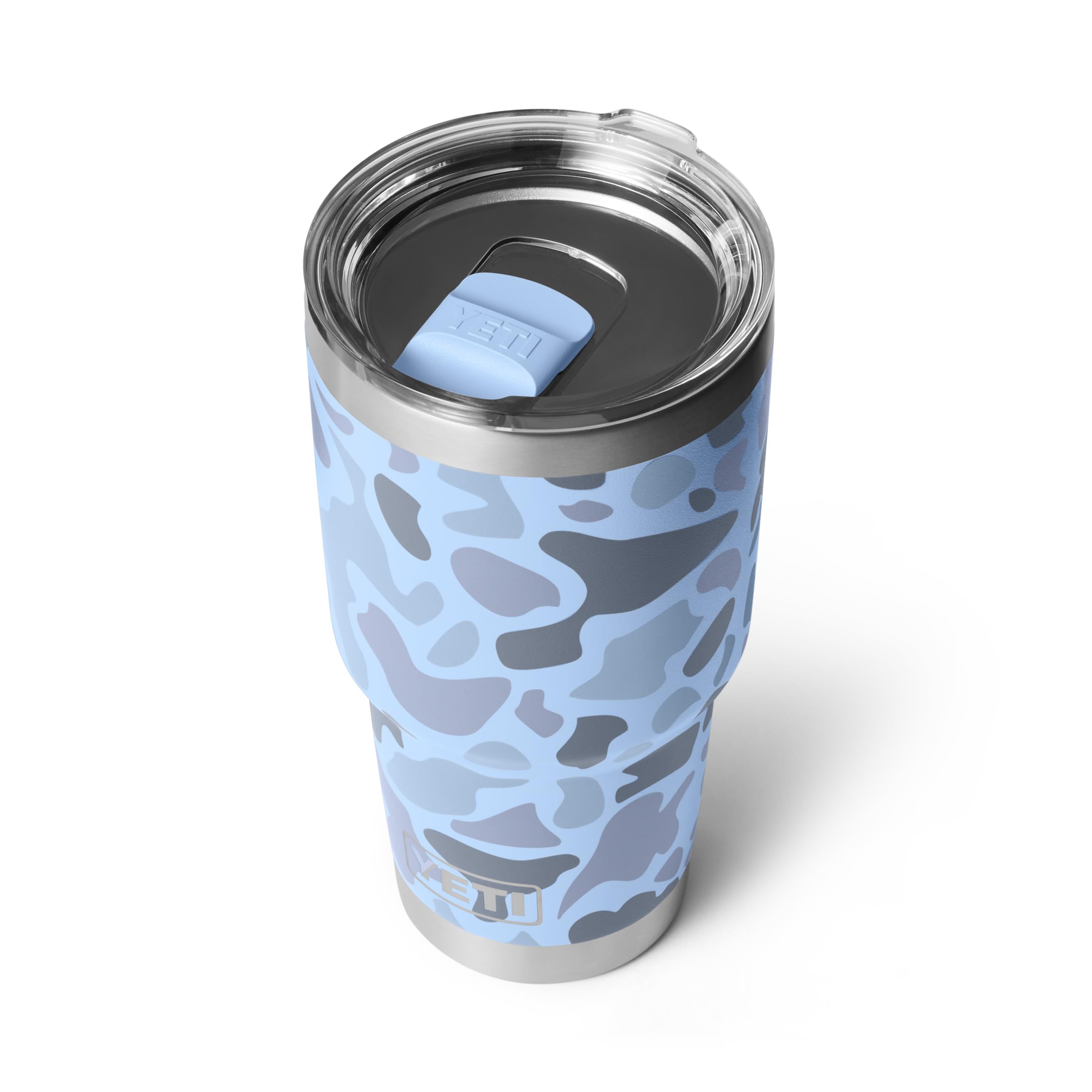 YETI Rambler 30 oz blue camo highlighting durable Duracoat finish.