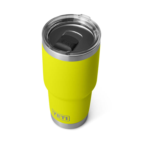 YETI Rambler 30 oz stainless steel body in Firefly Yellow resists wear.