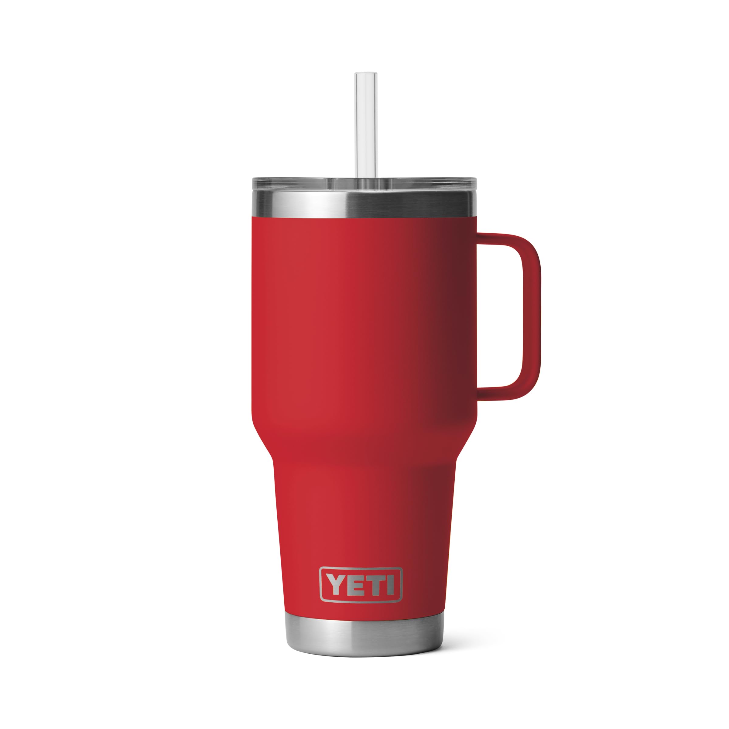 YETI Rambler 35 oz with handle and straw lid in rescue red, side view.