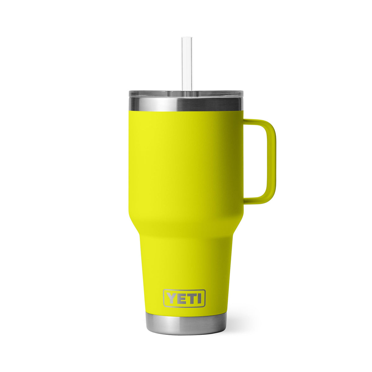 YETI Rambler 35 oz with handle and straw lid in firefly yellow, ideal for travel.