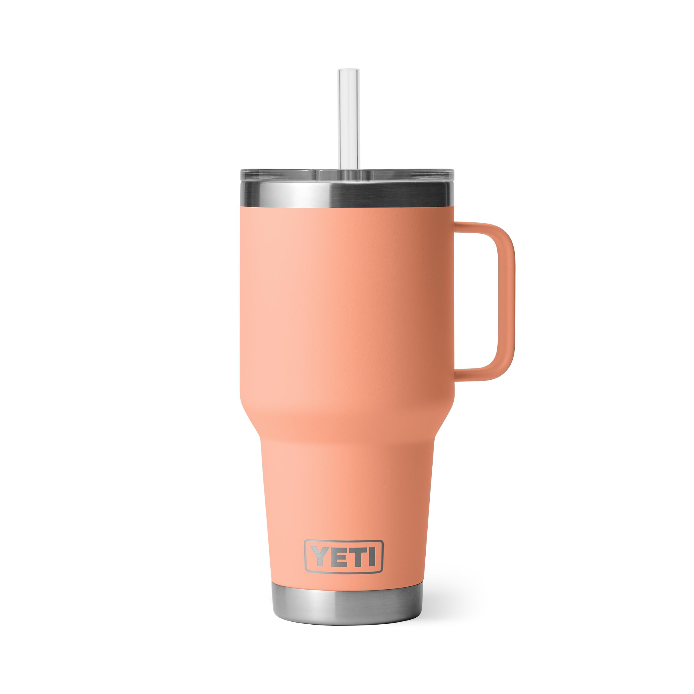 YETI Rambler 35 oz tumbler with handle for easy carrying on outdoor trips.