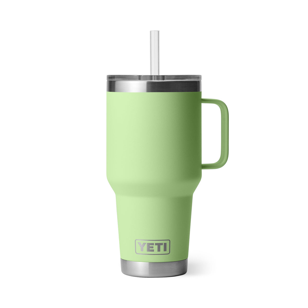 YETI Rambler 35 oz tumbler with handle keeps drinks easy to carry and spill-free.