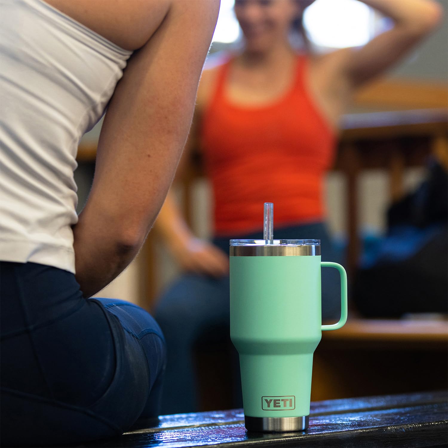 YETI Rambler 35 oz tumbler with straw lid prevents spills during travel.