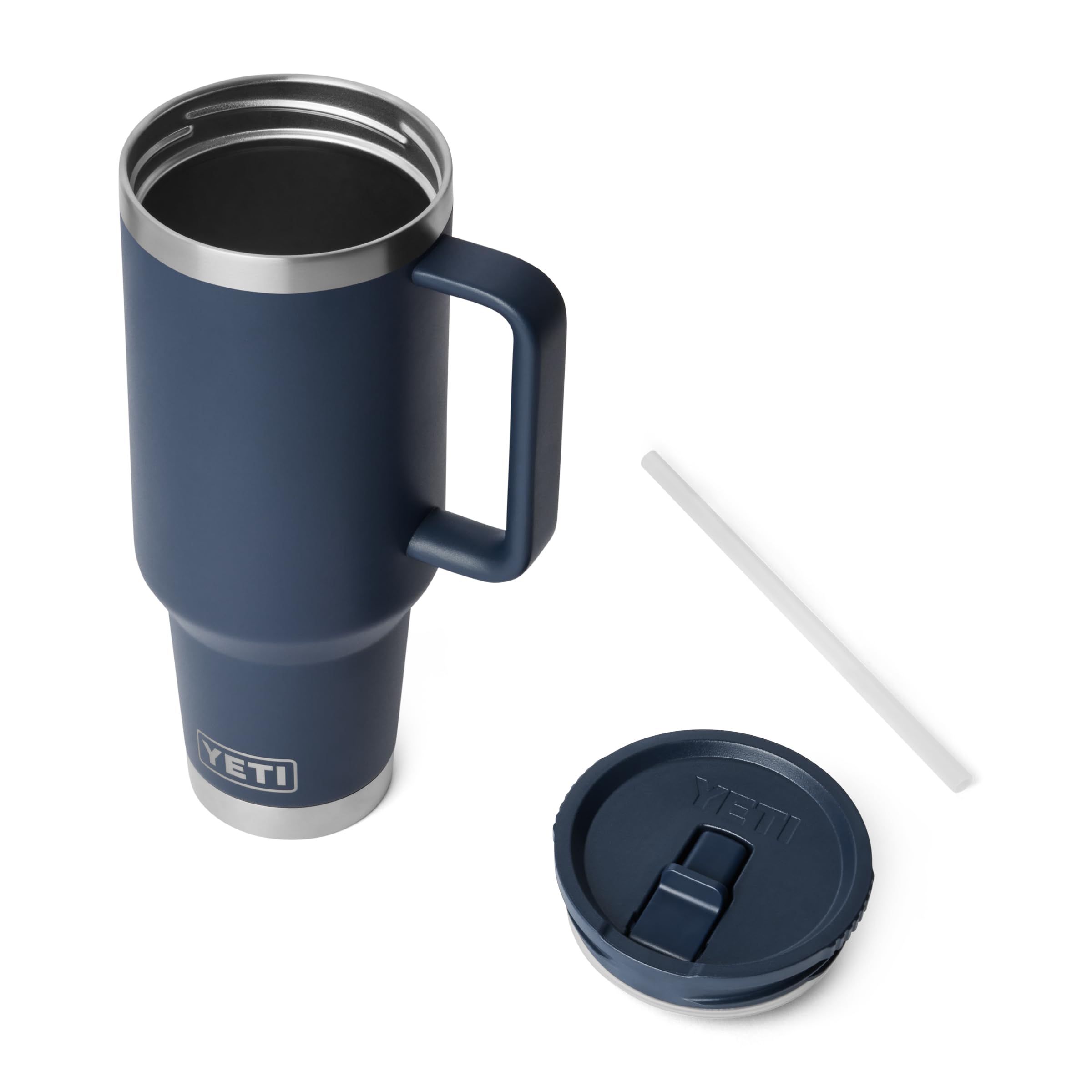 YETI Rambler 40 oz navy mug shows cup holder compatibility for easy reach from car to trail