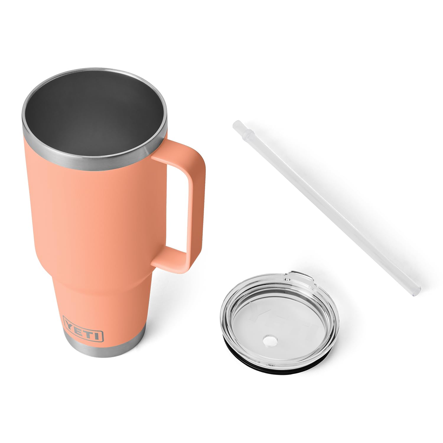 Straw lid with stopper secures the straw for travel.