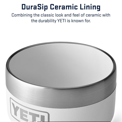 YETI Rambler 4 oz stackable cup with DuraSip ceramic lining, durable and warm to the touch.
