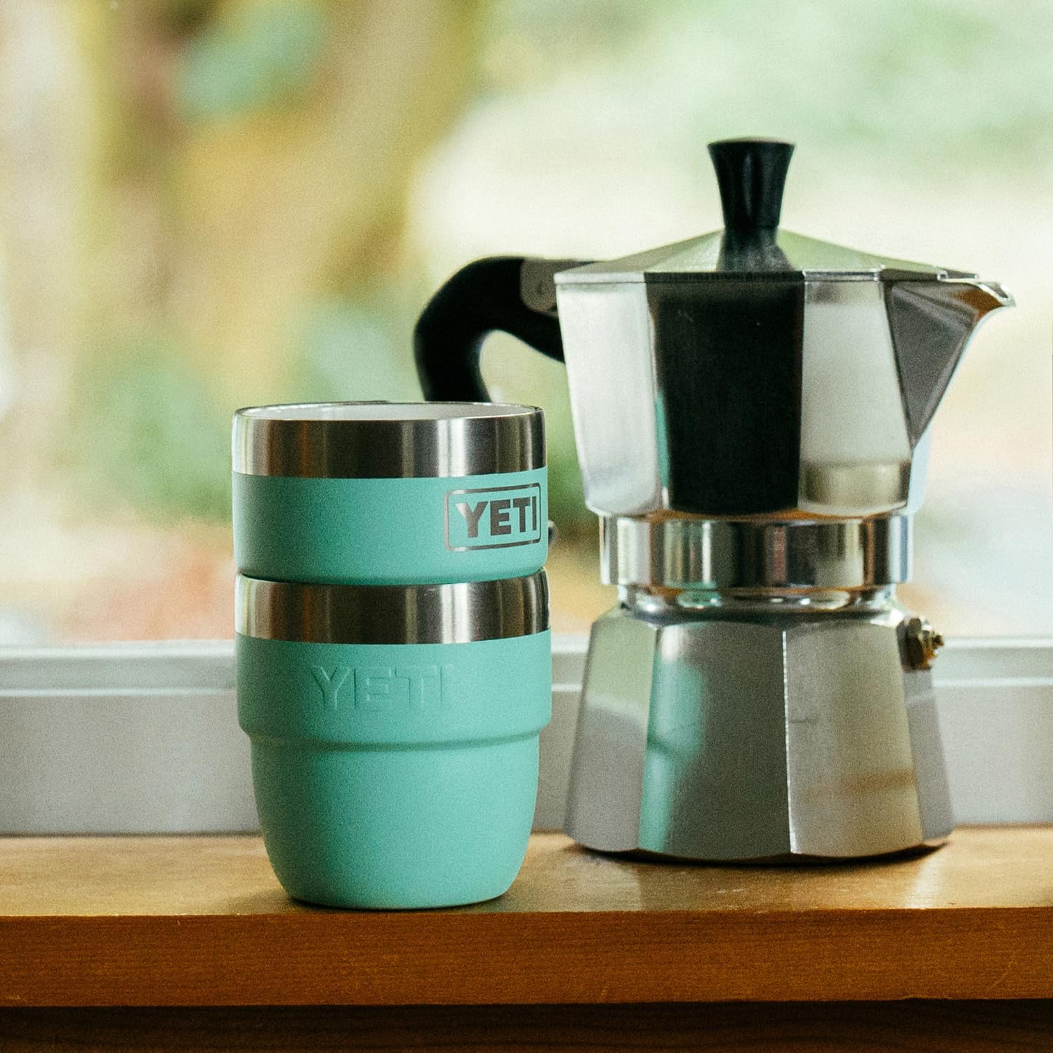 Camp kitchen use with YETI Rambler 4 oz cup supports outdoor coffee rituals.